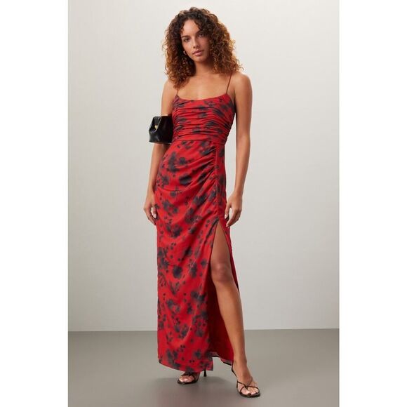Hutch Red Floral Satin Maxi Dress Ruched Slit Gown Size 14 Lined Elegant - Picture 1 of 15